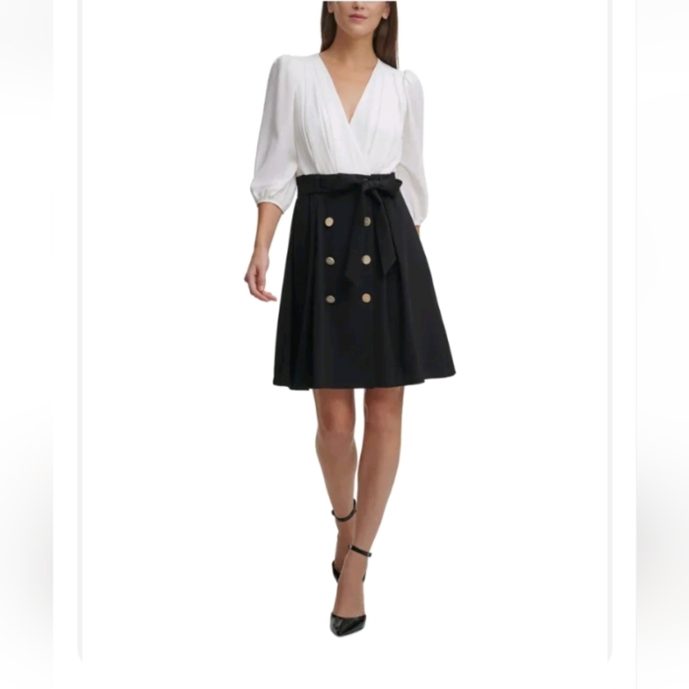 DKNY Womens Black Belted Balloon Sleeve Above The Knee Fit + Flare Dress Size 8